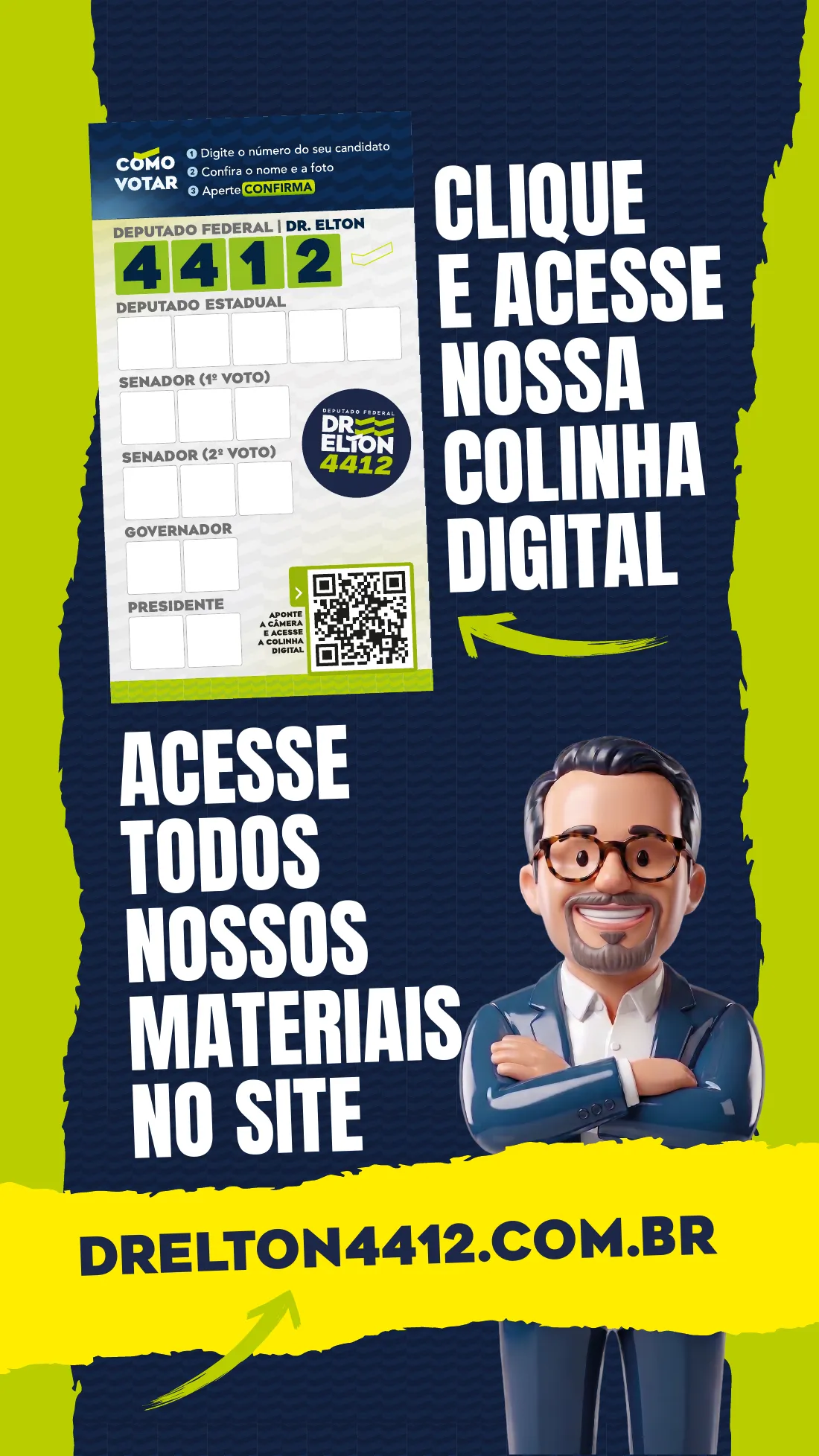 Contracapa: clique e acesse a Colinha Digital de voto do Dr. Elton, deputado federal 4412, em drelton4412.com.br