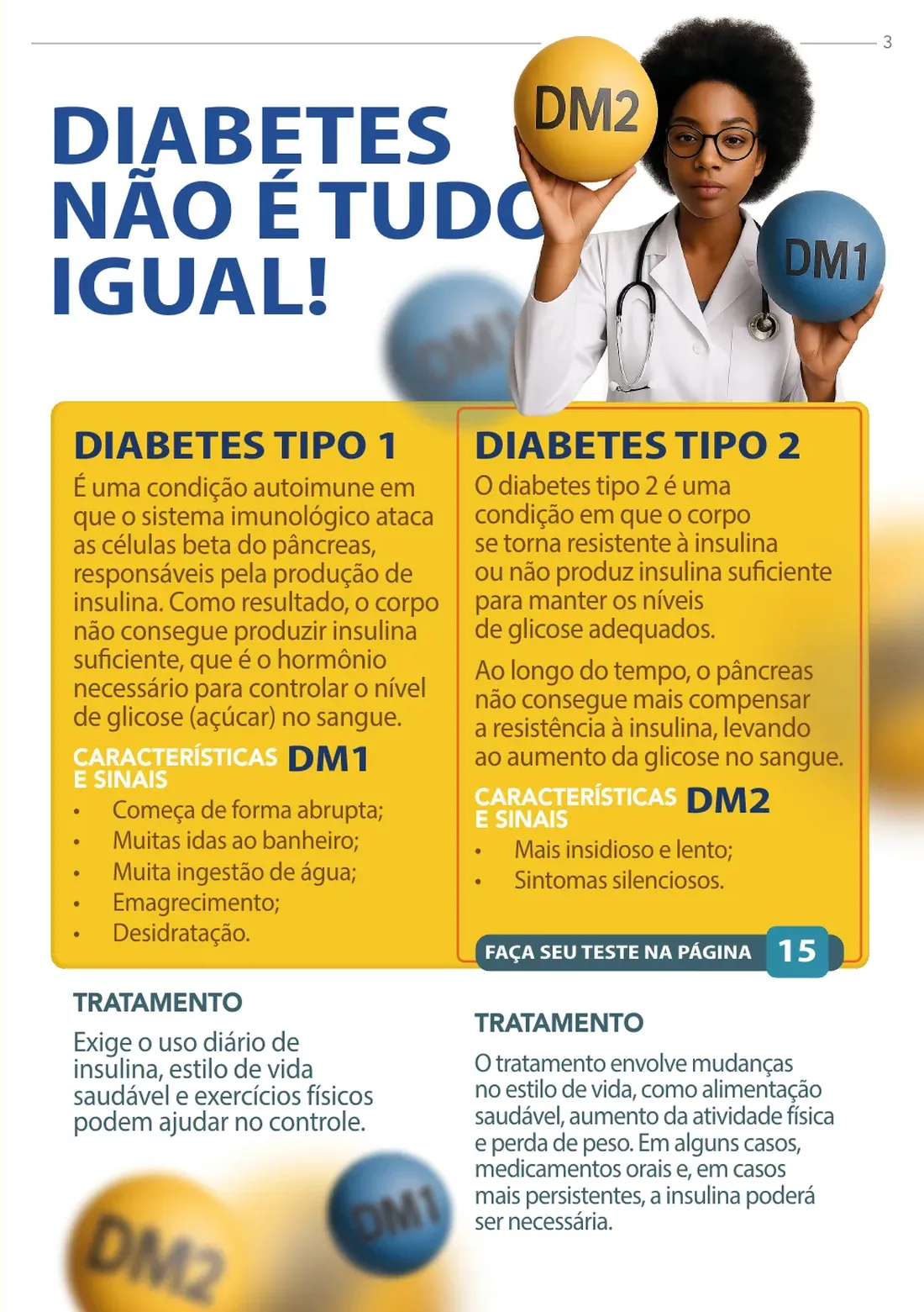 Página 3: diabetes não é tudo igual — diferenças entre diabetes tipo 1 (autoimune) e tipo 2 (resistência à insulina), sintomas e tratamento de cada um