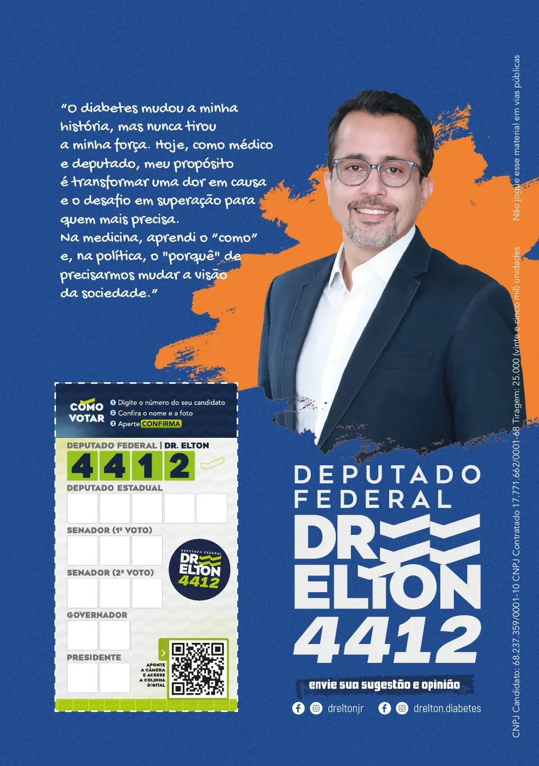 Contracapa: o diabetes mudou a minha história, mas nunca tirou a minha força — Dr. Elton, deputado federal 4412, colinha digital de voto