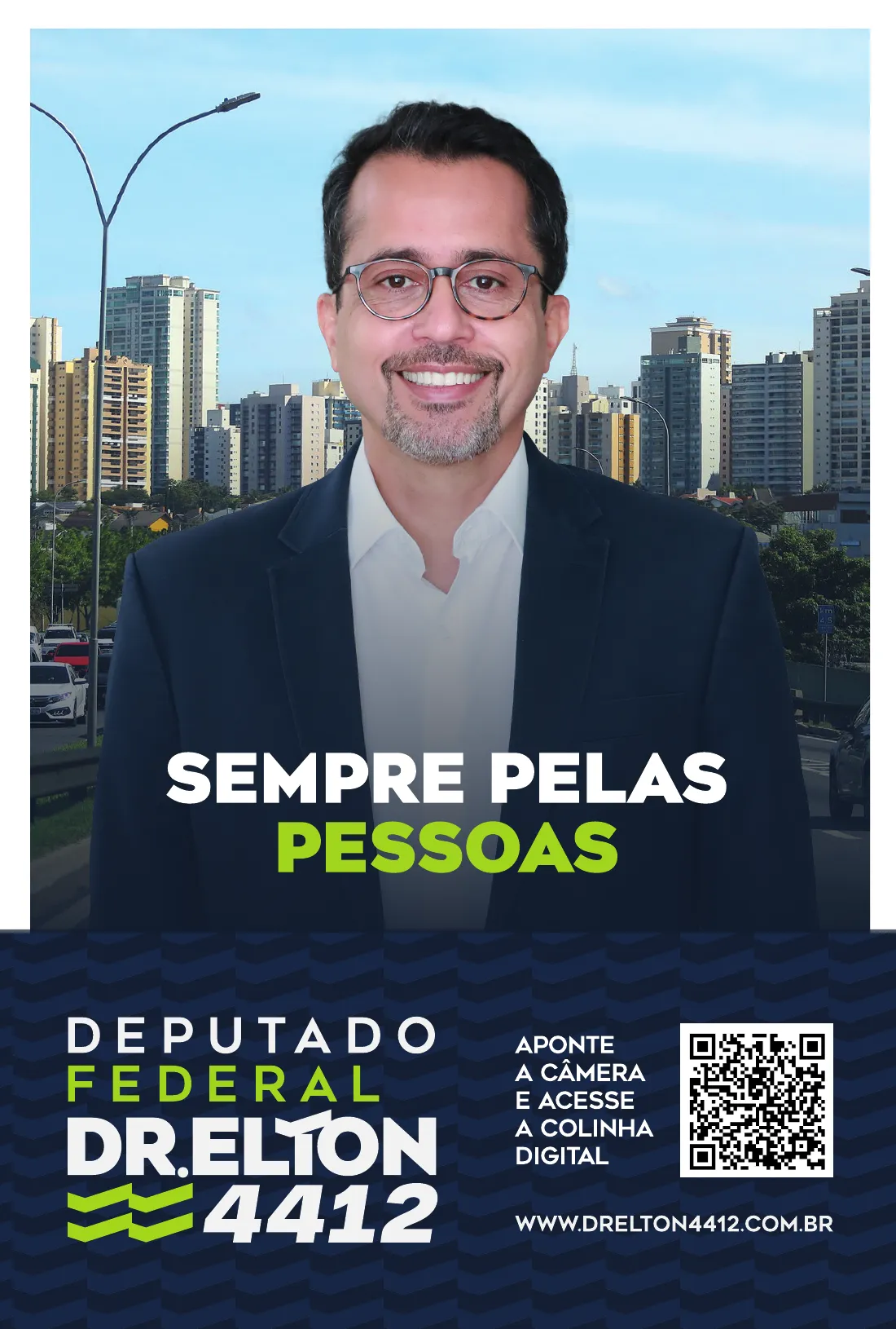 Capa: Dr. Elton, deputado federal 4412 — Sempre pelas pessoas. QR code para acessar a colinha digital
