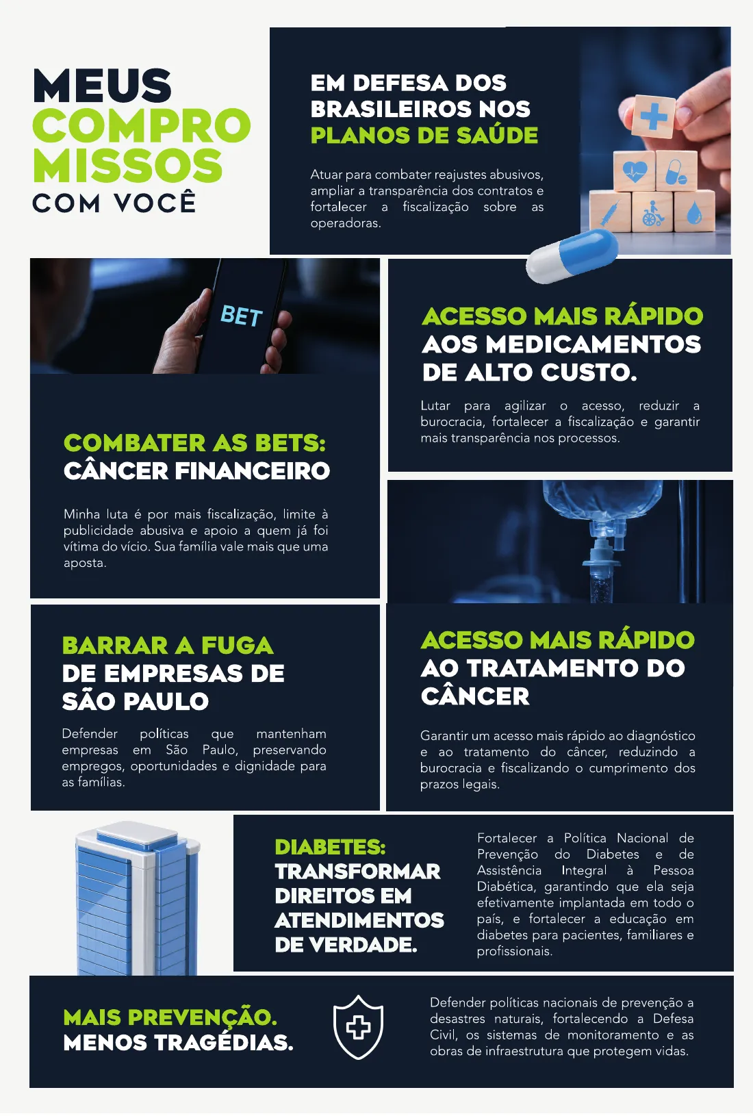 Página 3: meus compromissos com você — planos de saúde, medicamentos de alto custo, combate às bets, diabetes e prevenção a desastres naturais