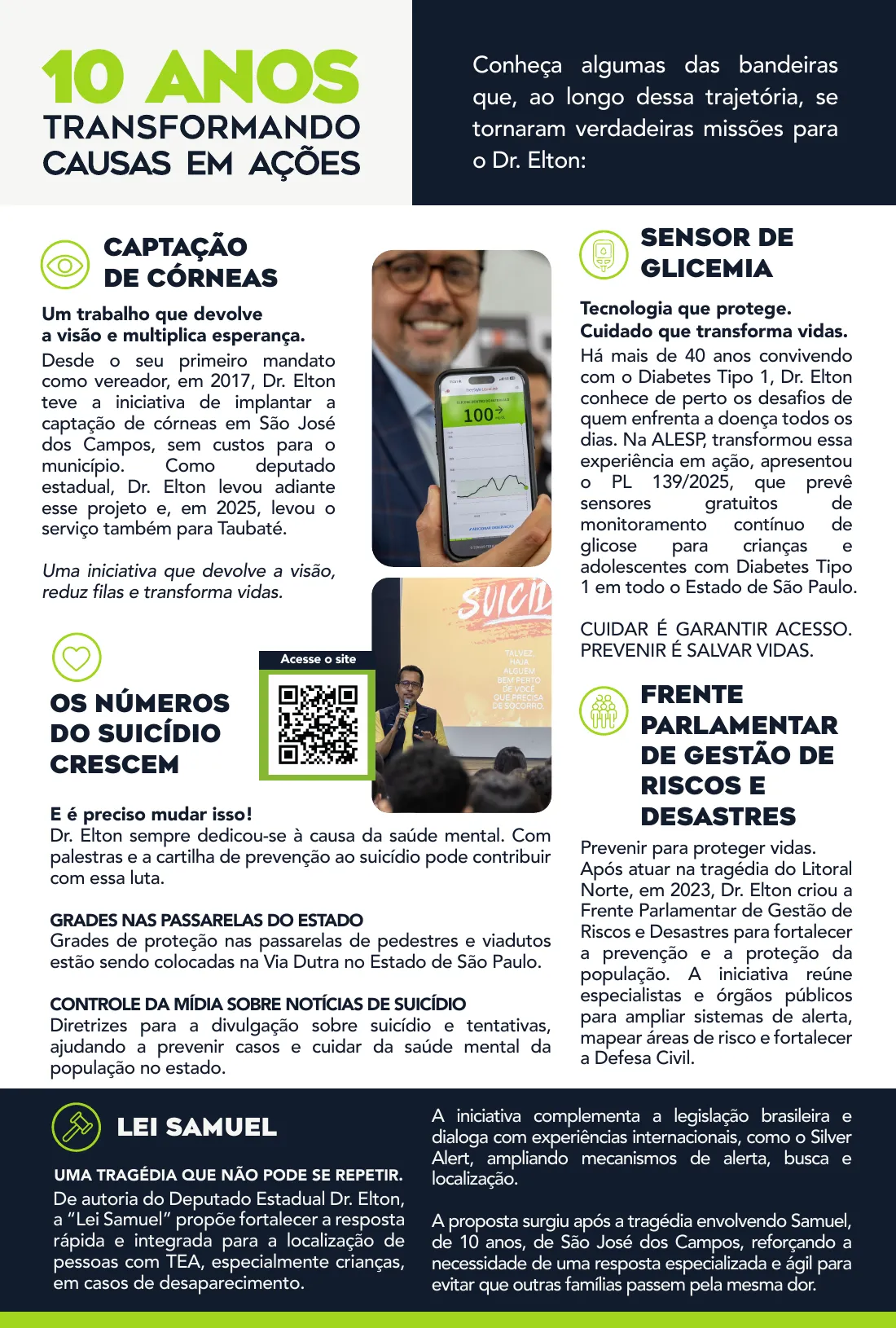 Página 4: 10 anos transformando causas em ações — captação de córneas, sensor de glicemia, frente parlamentar de gestão de riscos e desastres, Lei Samuel