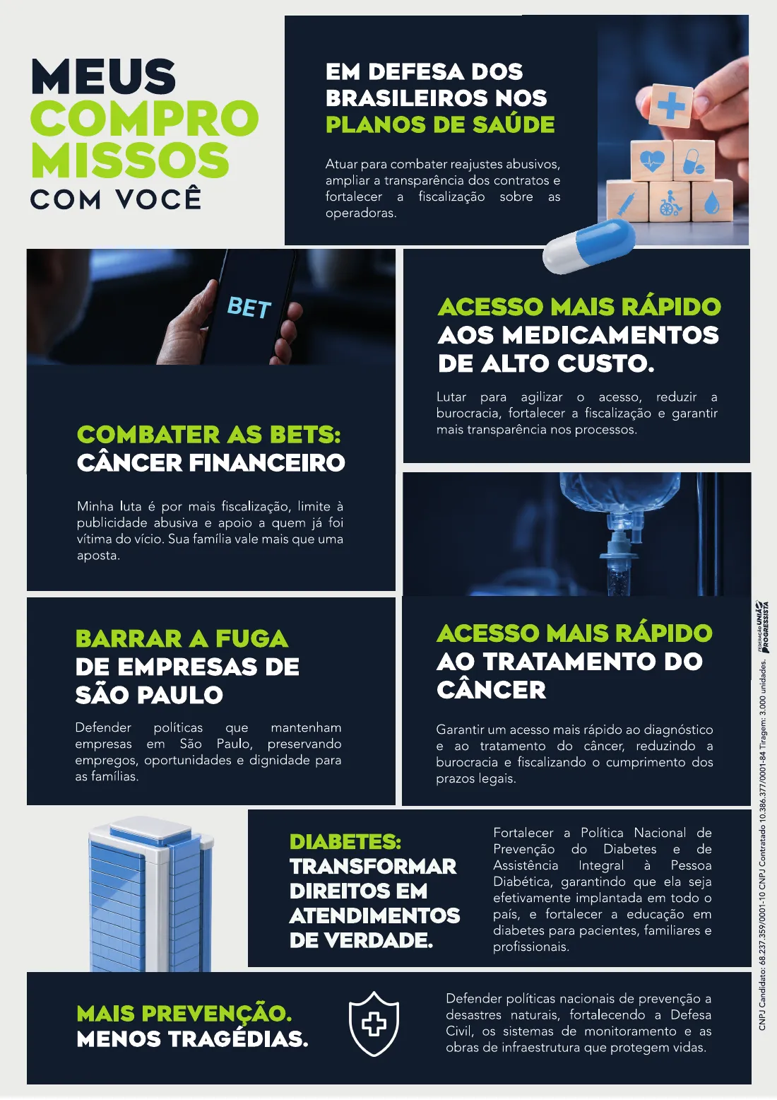 Meus compromissos com você — em defesa dos brasileiros nos planos de saúde, acesso mais rápido a medicamentos de alto custo, combate às bets, acesso mais rápido ao tratamento do câncer, barrar a fuga de empresas de São Paulo, diabetes e prevenção a desastres naturais