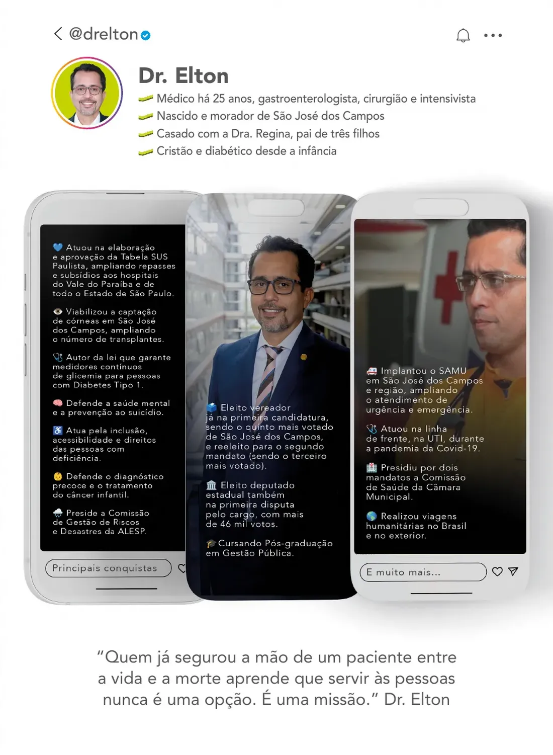 Página 3: perfil do Dr. Elton — médico há 25 anos, nascido e morador de São José dos Campos, casado com a Dra. Regina, pai de três filhos; principais conquistas como vereador e deputado estadual