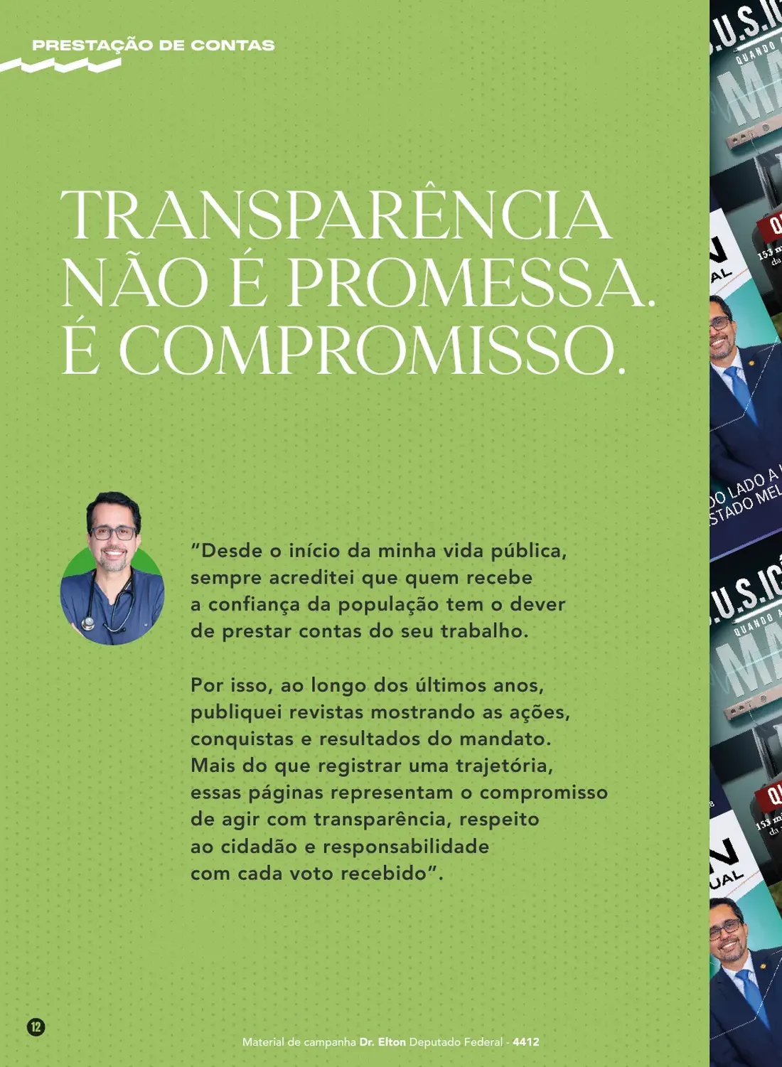 Página 12: transparência não é promessa, é compromisso — publicação de revistas mostrando as ações e resultados do mandato