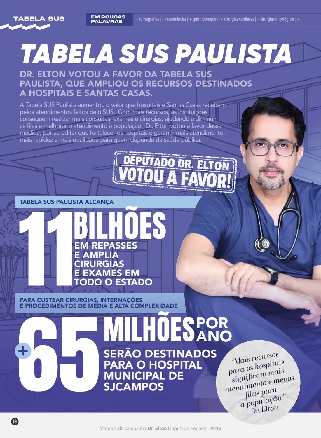 Página 18: Tabela SUS Paulista — Dr. Elton votou a favor do reajuste que amplia recursos para hospitais e Santas Casas, incluindo 65 milhões por ano para o Hospital Municipal de São José dos Campos