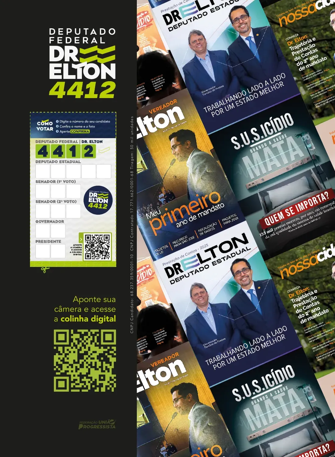 Contracapa: mais de 150 mil materiais distribuídos — colinha de como votar no Dr. Elton, deputado federal 4412, e capas de edições anteriores da revista como vereador e deputado estadual