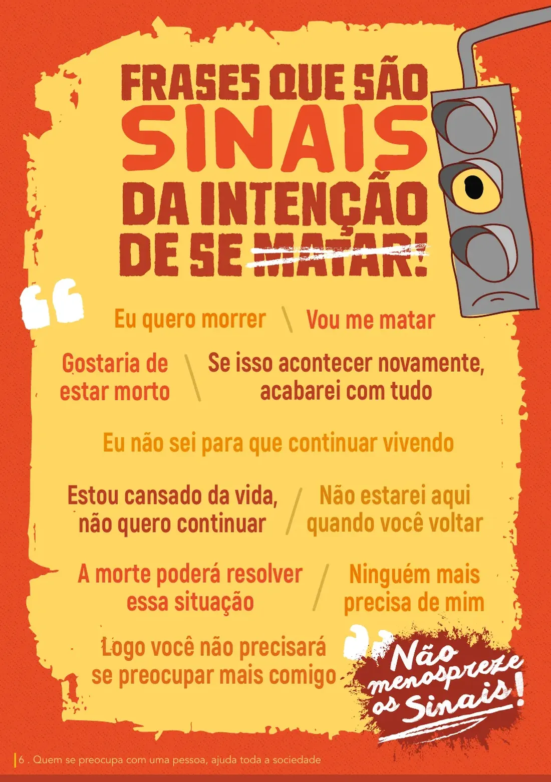 Página 6: frases que são sinais da intenção de se matar — lista de frases de alerta como 'eu quero morrer' ou 'vou me matar'