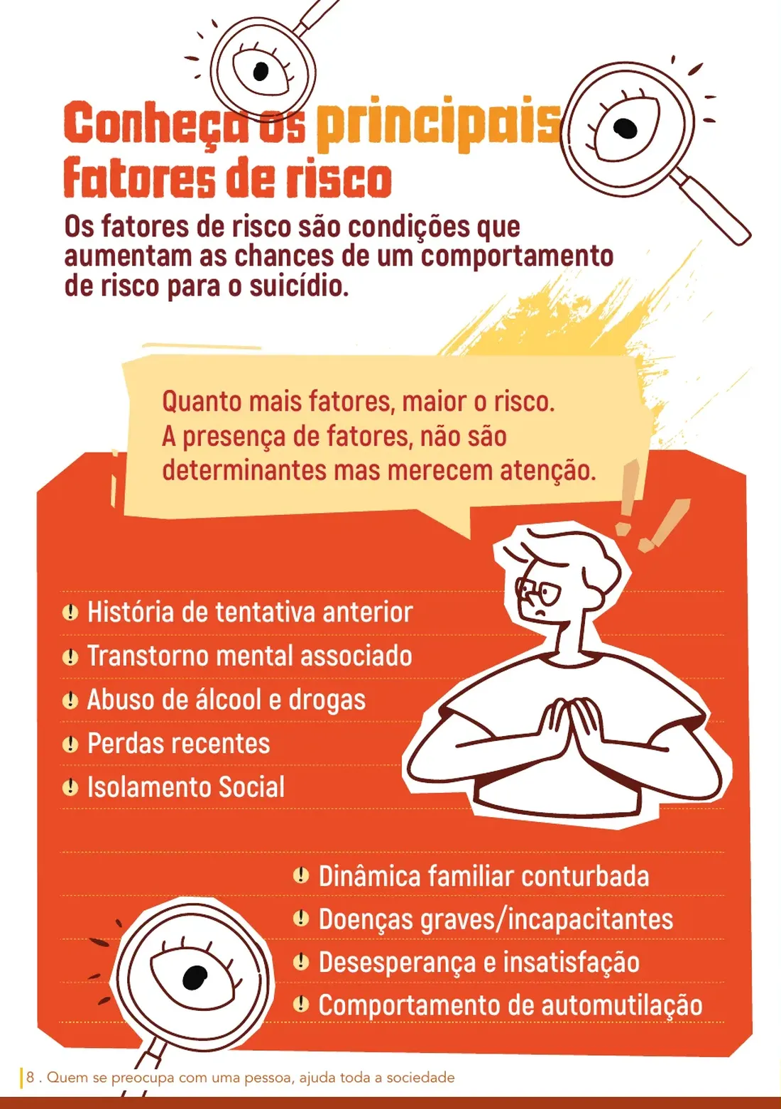 Página 8: conheça os principais fatores de risco — histórico de tentativa anterior, transtorno mental associado, abuso de álcool e drogas, isolamento social