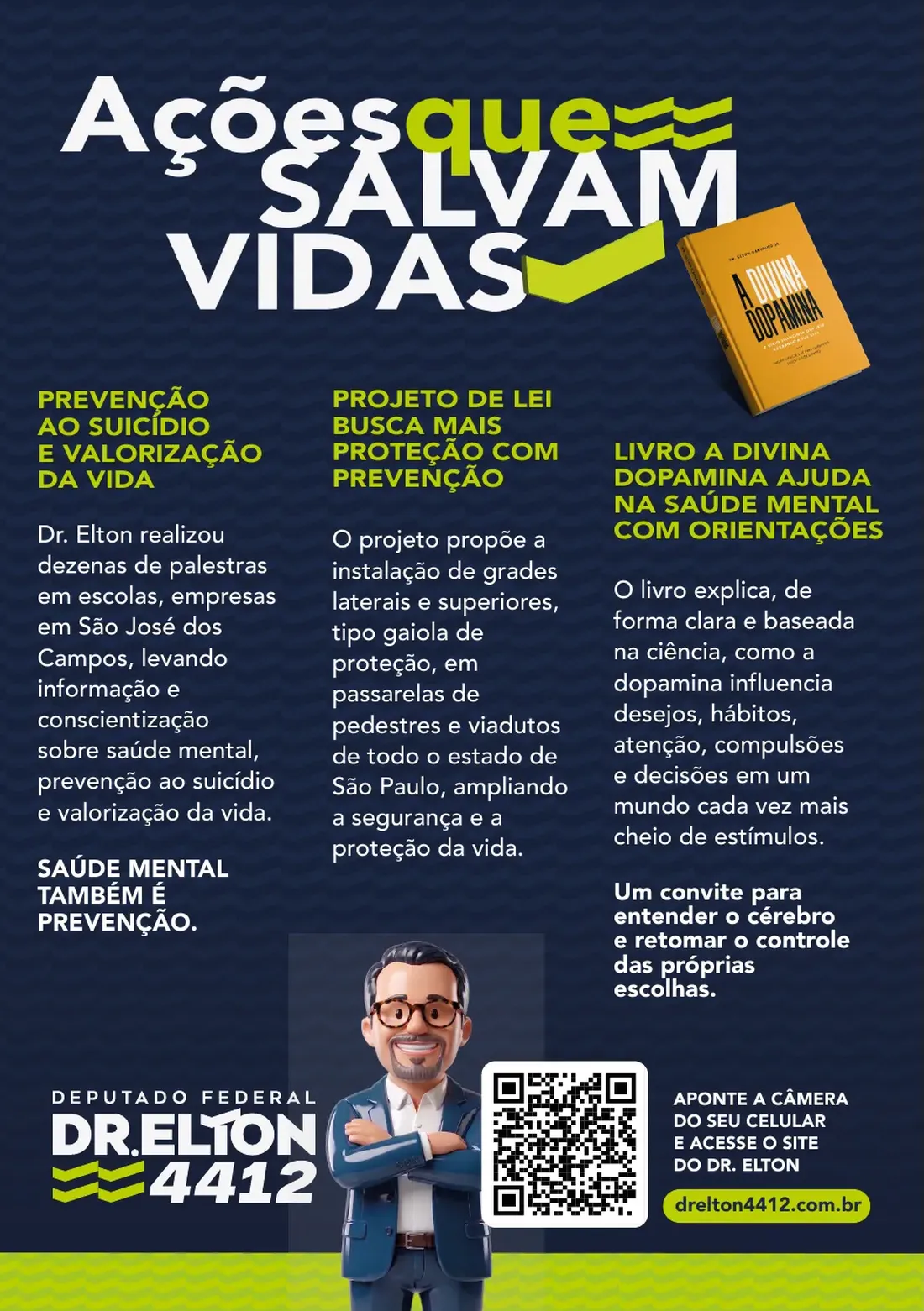 Página 12: ações que salvam vidas — palestras de prevenção ao suicídio, projeto de lei de grades de proteção em passarelas e o livro A Divina Dopamina do Dr. Elton