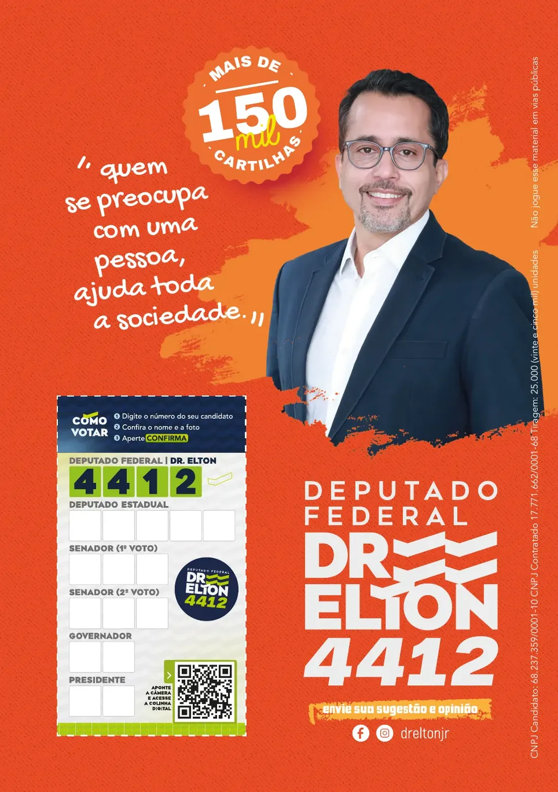 Contracapa: mais de 150 mil cartilhas distribuídas — como votar no Dr. Elton, deputado federal, número 4412
